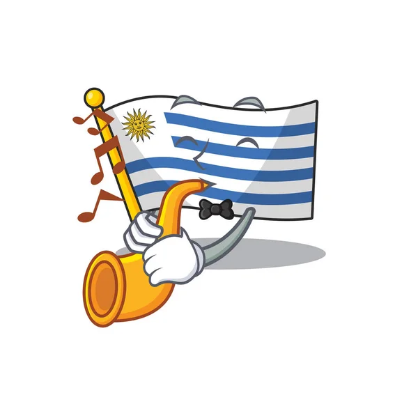 Vlajka uruguay karikatura s v s trumpetou charakter — Stockový vektor