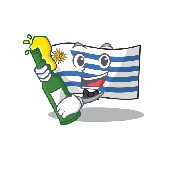Maskotská vlajka uruguay s in bring beer character — Stockový vektor