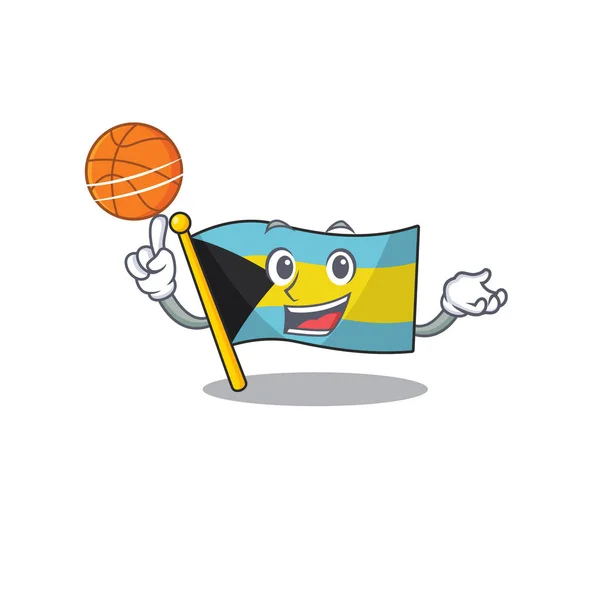Bandera Bahamas dibujos animados con en la celebración de personaje de baloncesto — Vector de stock