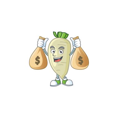 İki para çantası olan mutlu beyaz turp çizgi film karakteri.