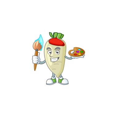 Fırçalı mutlu beyaz turp ressamı karikatür simgesi