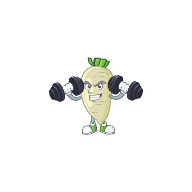 Spor salonu, halterli beyaz turp maskotu.