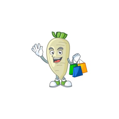 Neşeli beyaz turp maskotu el sallıyor ve alışveriş torbaları tutuyor.