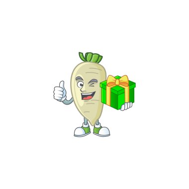 cartoon character of happy white radish with gift box