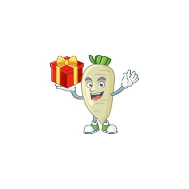 White radish cartoon character with a box of gift