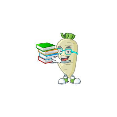 Student with book white radish on mascot cartoon character style