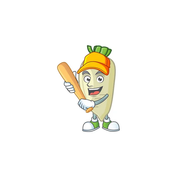Mascote de desenho animado de rabanete branco sorridente engraçado com beisebol — Vetor de Stock