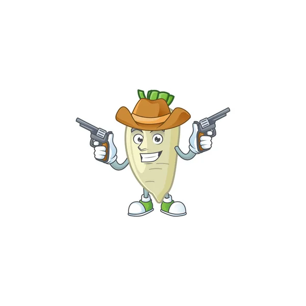 Sorridente icona della mascotte di ravanello bianco come un Cowboy in possesso di pistole — Vettoriale Stock