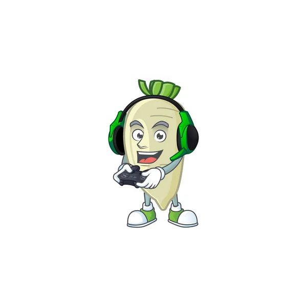 Mascot icon of white radish with headphone and controller — ストックベクタ