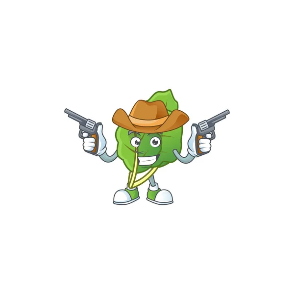 Smiling collard greens mascota icono como un vaquero con armas de fuego — Vector de stock