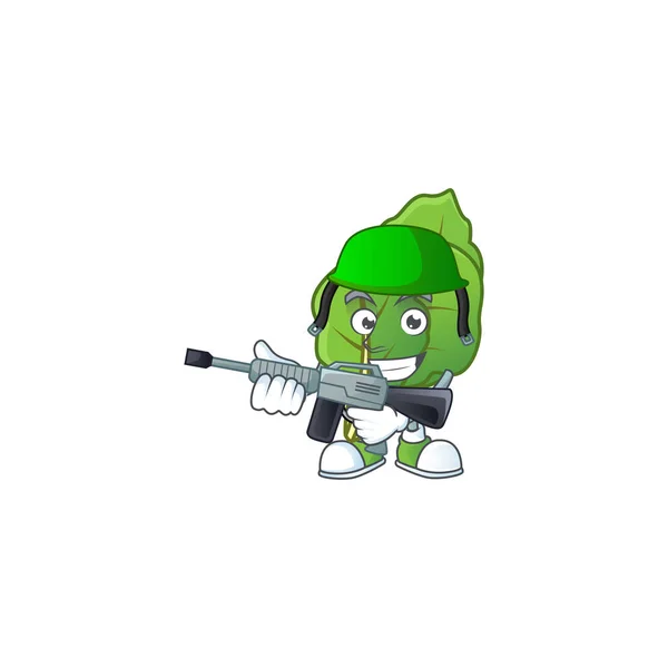 A mascot of collard greens as an Army with machine gun — Stok Vektör