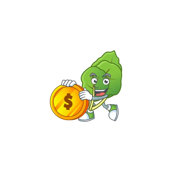 Cara feliz colarinho greens personagem dos desenhos animados com moeda de ouro — Vetor de Stock