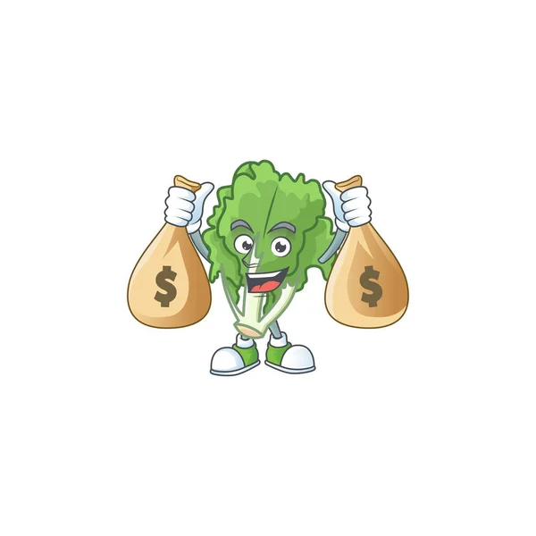 Happy endive cartoon character with two money bags — Stock Vector