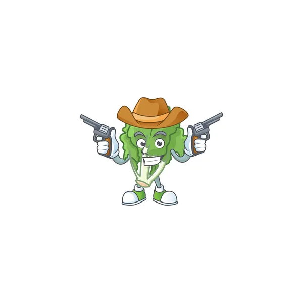 Icono de la mascota de la endibia sonriente como un vaquero sosteniendo armas — Vector de stock
