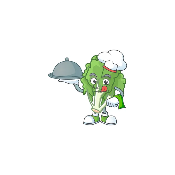 Carino indivia come uno Chef con cappello e vassoio disegno stile cartone animato — Vettoriale Stock