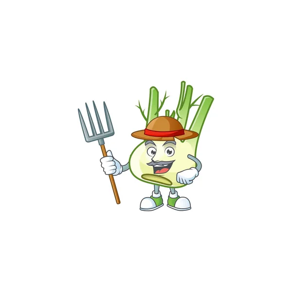 Happy Farmer fennel maskot dengan topi dan alat - Stok Vektor