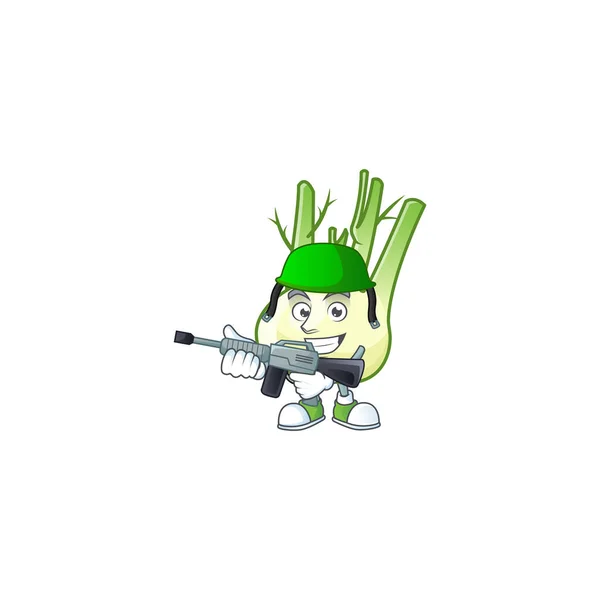 A mascot of fennel as an Army with machine gun — Stock Vector
