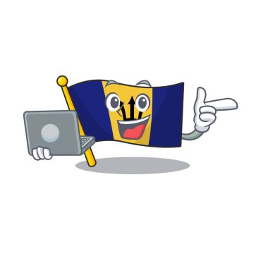 Mutlu gülümseyen barbados çizgi film karakteri dizüstü bilgisayarla çalışıyor.