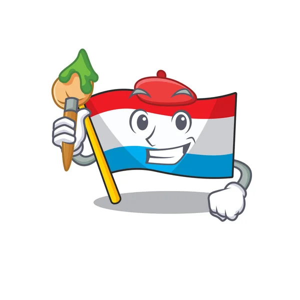 Desenhos animados alegres Artista de luxembourg bandeira com escova em sua mão — Vetor de Stock