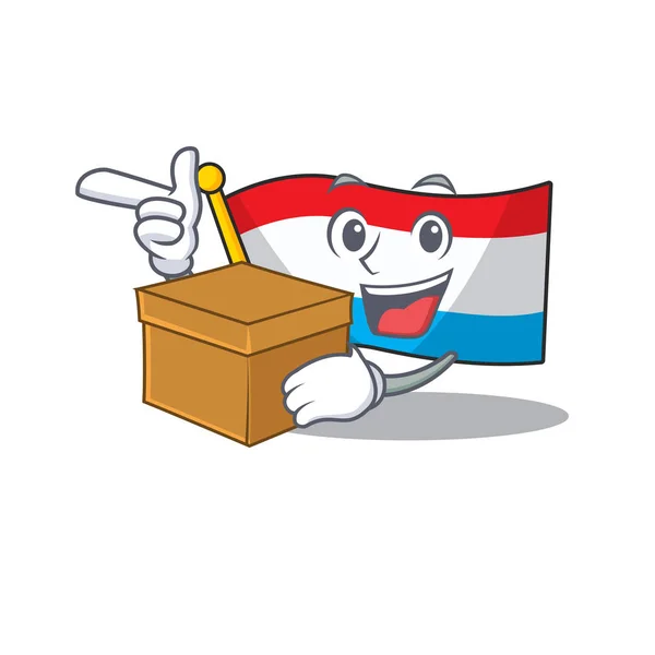 Super legrační vlajka luxembourg kreslený styl postavy s krabicí — Stockový vektor