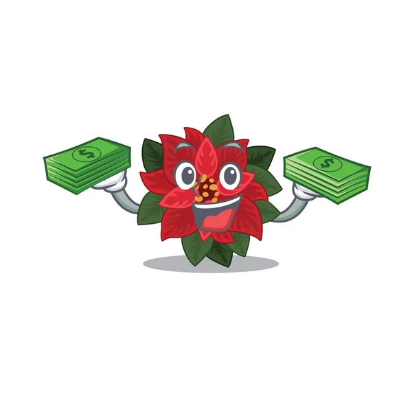 Personagem poinsettia flor sorridente confiante com saco de dinheiro — Vetor de Stock