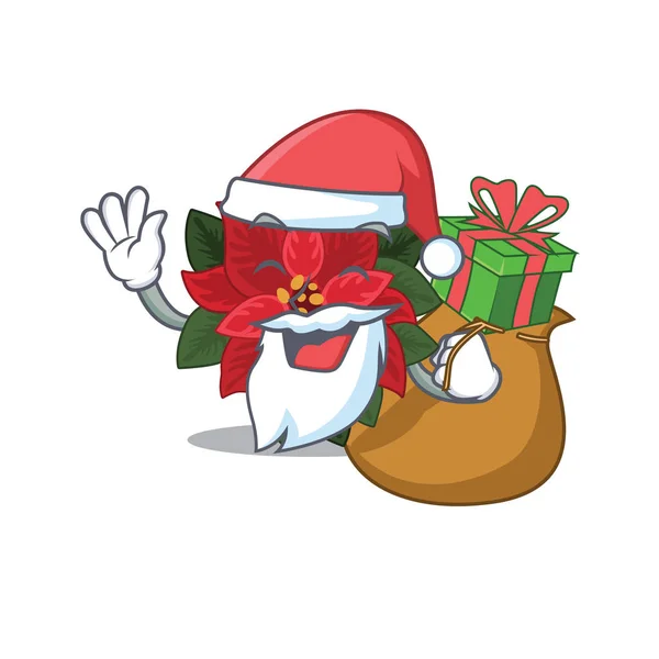 Mascotte fleur poinsettia avec dans le Père Noël apporter un caractère cadeau — Image vectorielle