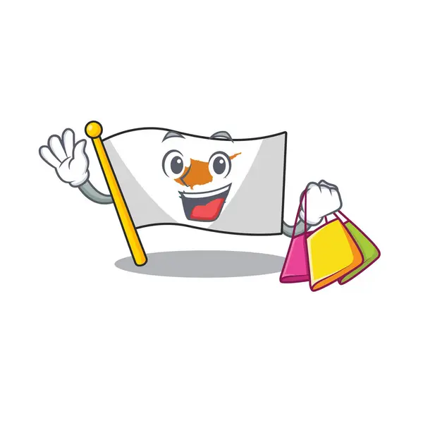 Alegre personaje de dibujos animados bandera cyprus ondeando y sosteniendo bolsa de compras — Vector de stock