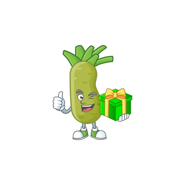 Karakter kartun dari bahagia wasabi dengan kotak hadiah - Stok Vektor