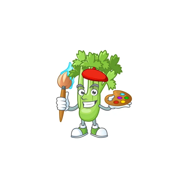 Happy seledri tanaman pelukis ikon kartun dengan kuas - Stok Vektor