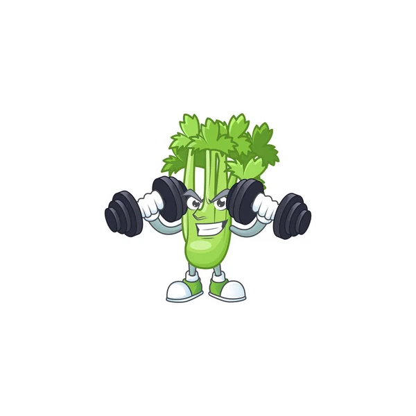 Fitness exercise celery plant mascot icon with barbells — Stock Vector