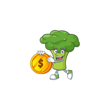 Mutlu yüzlü yeşil brokoli çizgi film karakteri altın sikkeli