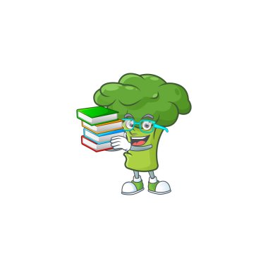 Maskot çizgi film karakteri tarzında yeşil brokoli kitabı olan bir öğrenci.