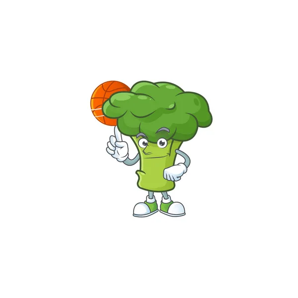 Happy tvář zelená brokolice karikatura postava hraje basketbal — Stockový vektor