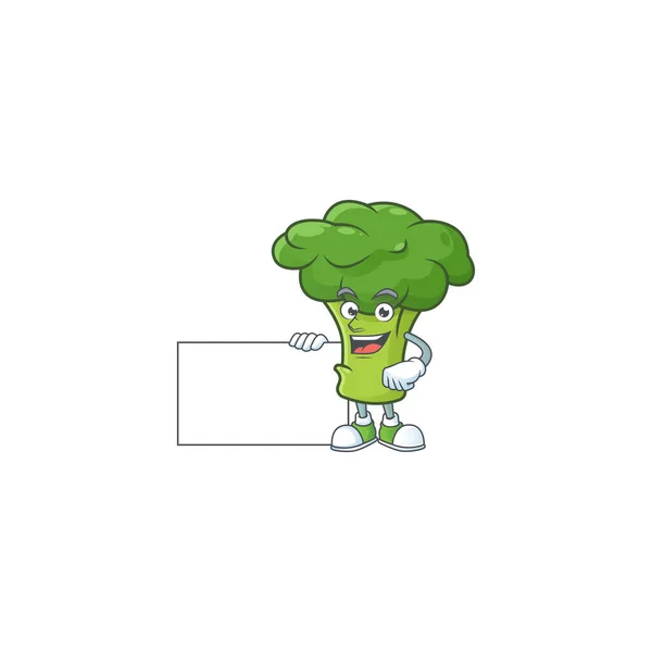 Lindo personaje de dibujos animados de brócoli verde con un tablero — Vector de stock