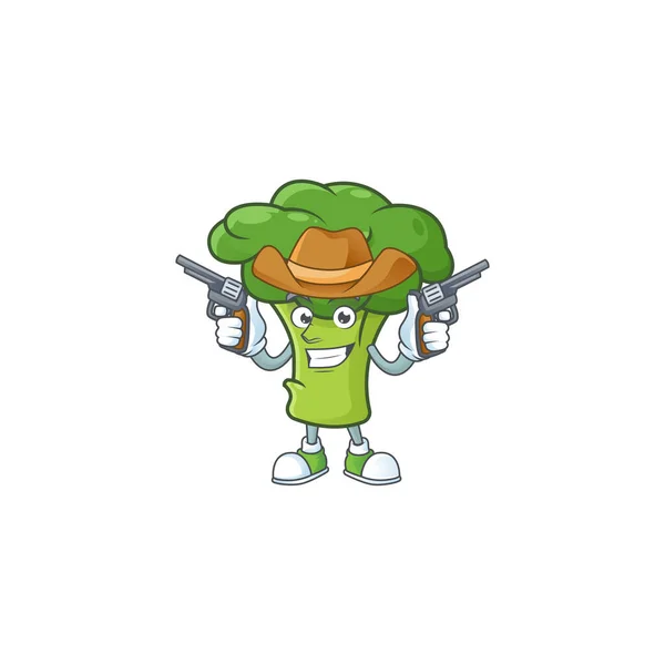 Ícone de mascote de brócolis verde sorridente como um cowboy segurando armas — Vetor de Stock