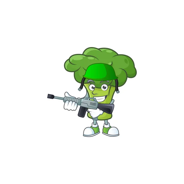 Una mascota de brócoli verde como un ejército con ametralladora — Vector de stock