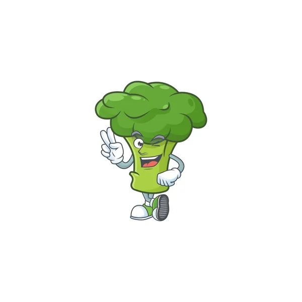 Groene broccoli cartoon mascotte stijl met twee vingers — Stockvector