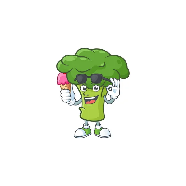 Karakter kartun hijau brokoli lucu dengan es krim - Stok Vektor