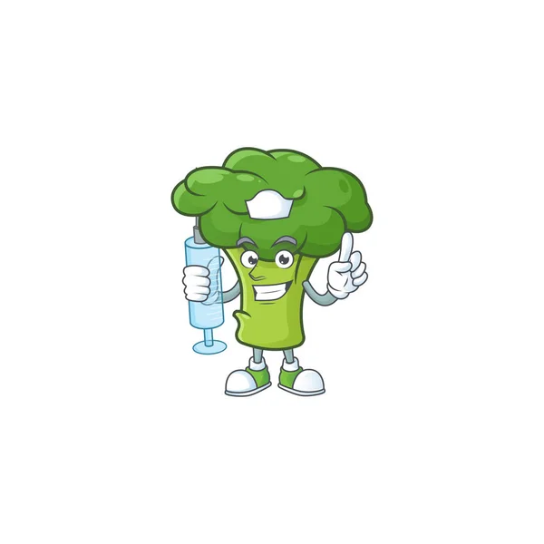 Foto de la enfermera verde brócoli estilo de dibujos animados celebración de la jeringa — Vector de stock