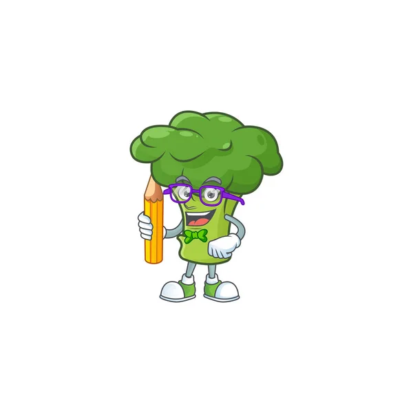 Cool smart Student green broccoli mascot with a pencil — ストックベクタ