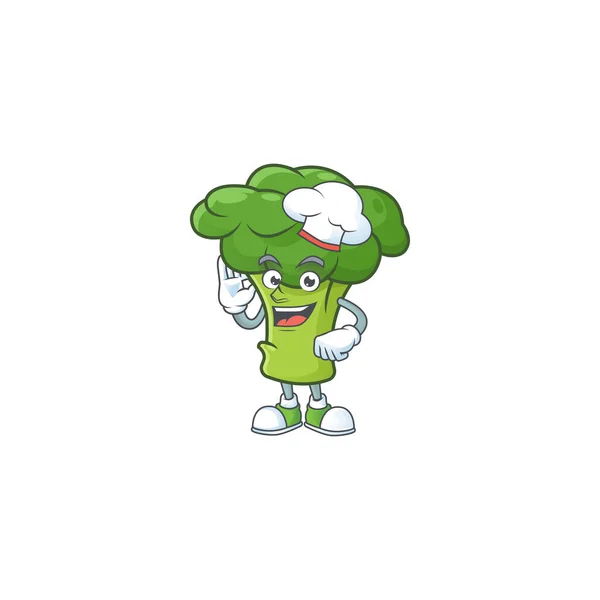 Karakter brokoli hijau koki wajah senyum dengan topi putih - Stok Vektor