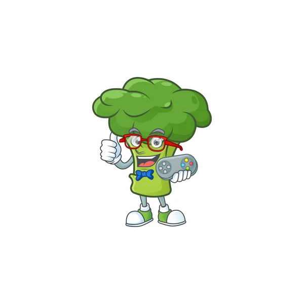 Legal geek gamer verde brócolis desenho animado personagem — Vetor de Stock