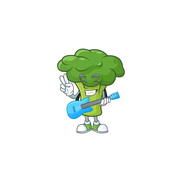 Mignon et cool vert brocoli personnage de dessin animé performance avec guitare — Image vectorielle