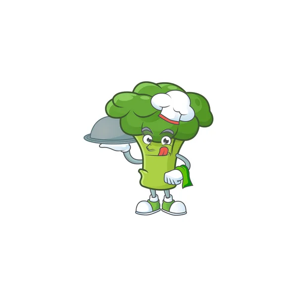 Cute zielone brokuły jako szef kuchni z kapeluszem i taca kreskówki styl projektowania — Wektor stockowy