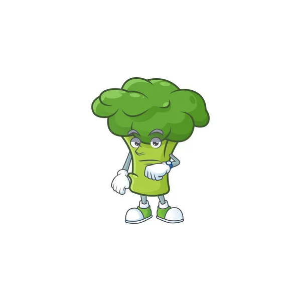 Imagem de espera brócolis verde no desenho animado estilo mascote —  Vetores de Stock