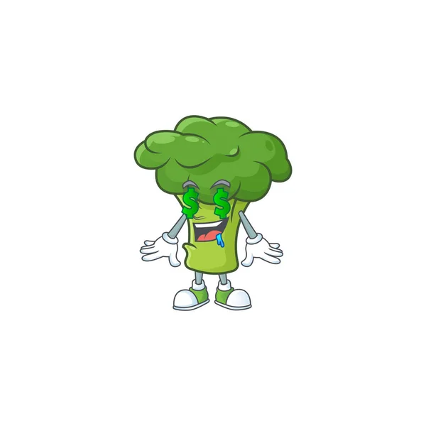 Cute zielone brokuły z Pieniądze oko kreskówka postać projekt — Wektor stockowy