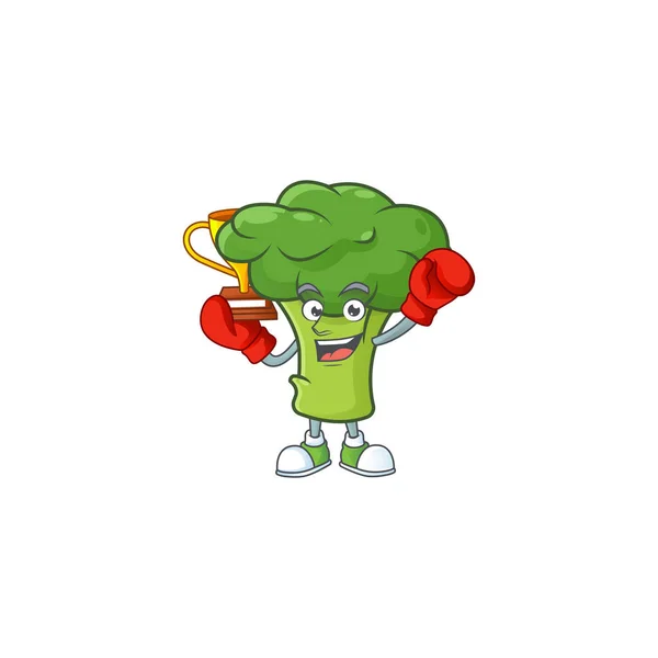 Super keren Tinju pemenang brokoli hijau di maskot gaya kartun - Stok Vektor