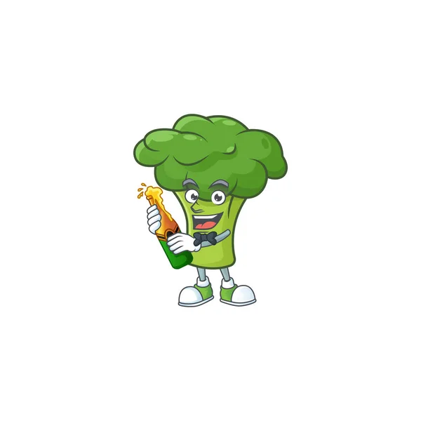 Brócolis verde feliz com design de personagem de desenho animado de cerveja — Vetor de Stock
