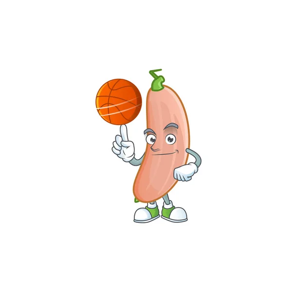 Cara feliz banana squash personagem de desenho animado jogando basquete — Vetor de Stock