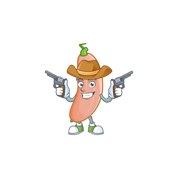Sorridente banana zucca icona della mascotte come un Cowboy in possesso di pistole — Vettoriale Stock